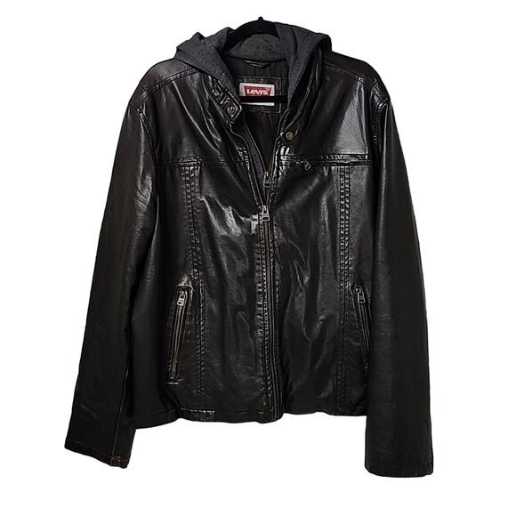 Levi's Mens Faux Leather Hooded Racer Jacket Size Large - Picture 1 of 14